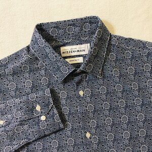 Mizzen Main Men's Medium Trim Fit Blue Geometric Button Front Long Sleeve Shirt